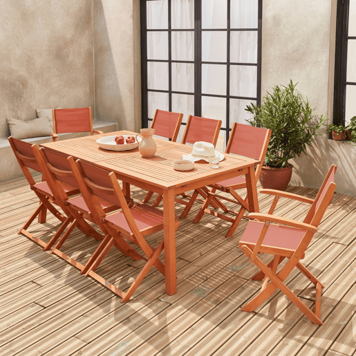 Mesa de jardim extensível em madeira, 8 cadeiras, Almeria 8, Madeira, 240x100x75 cm