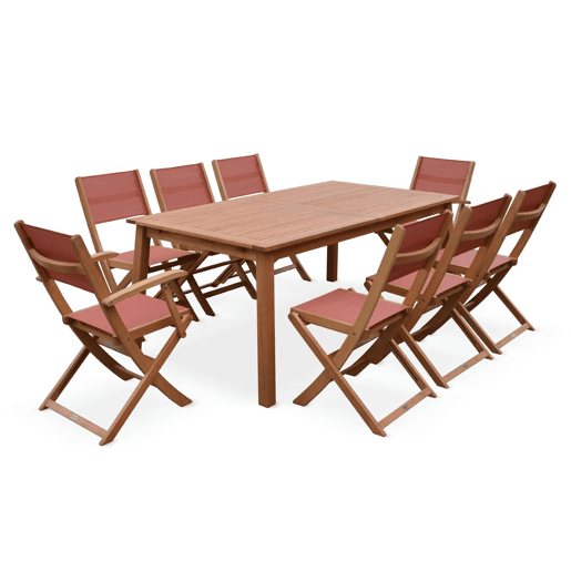 Mesa de jardim extensível em madeira, 8 cadeiras, Almeria 8, Madeira, 240x100x75 cm
