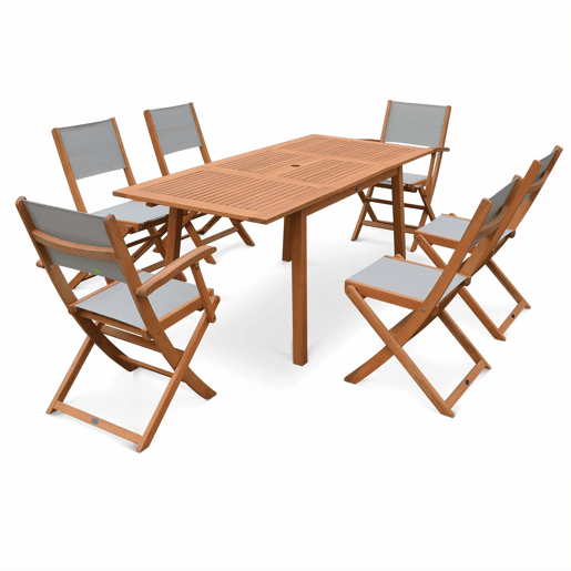 Mesa de jardim extensível em madeira, 6 cadeiras, Almeria 6, Madeira, 240x100x75 cm