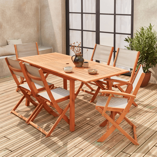 Mesa de jardim extensível em madeira, 6 cadeiras, Almeria 6, Madeira, 240x100x75 cm