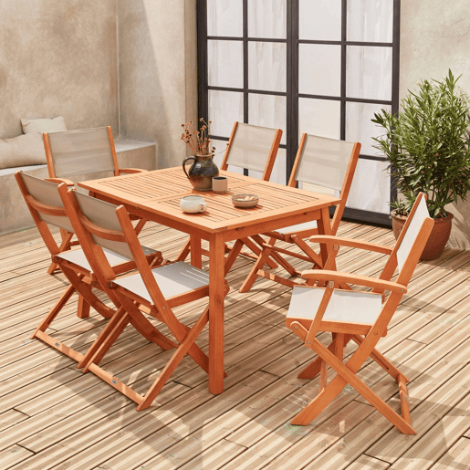 Mesa de jardim extensível em madeira, 6 cadeiras, Almeria 6, Madeira, 240x100x75 cm
