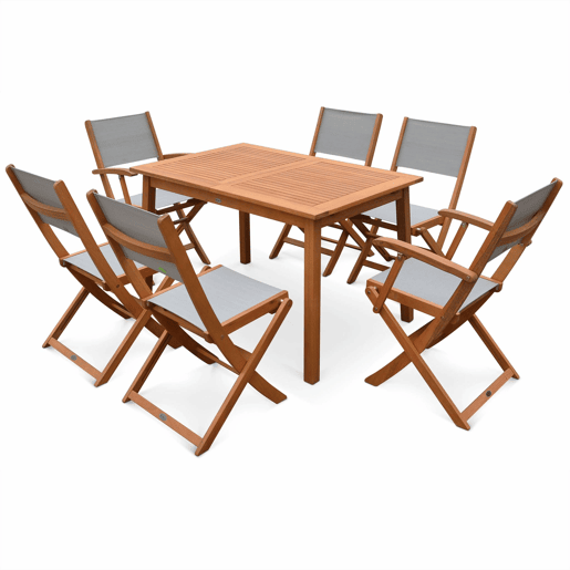 Mesa de jardim extensível em madeira, 6 cadeiras, Almeria 6, Madeira, 240x100x75 cm