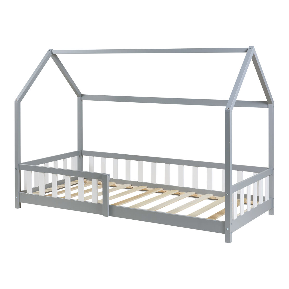 Cama infantil Hesel en forma de casa pino con reja [en.casa] 205x96 Gris