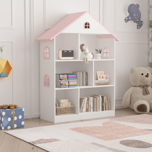 Prateleira infantil Vipsali em forma de casa MDF 107x83x30cm - Branco  Rosa en.casa