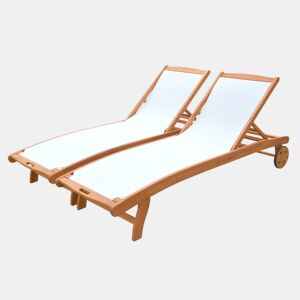 Espreguiçadeira de madeira multiposições com rodízios, set de 2, Marbella, Branco, 196x68x91 cm