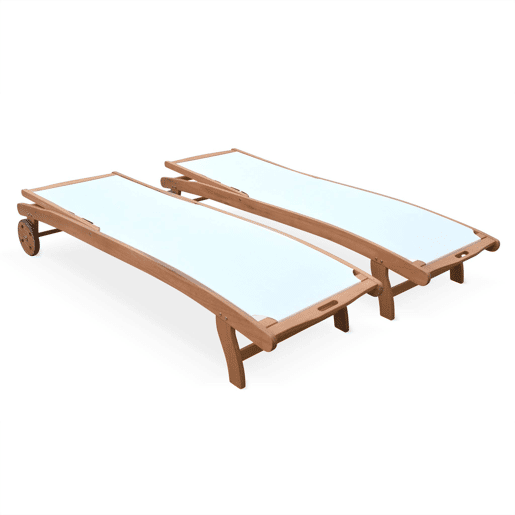 Espreguiçadeira de madeira multiposições com rodízios, set de 2, Marbella, Branco, 196x68x91 cm
