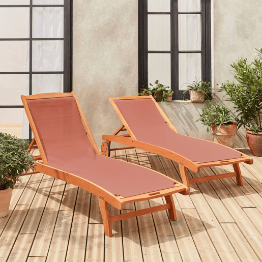 Espreguiçadeira de madeira multiposições com rodízios, set de 2, Marbella, Terra Cotta, 196x68x91 cm