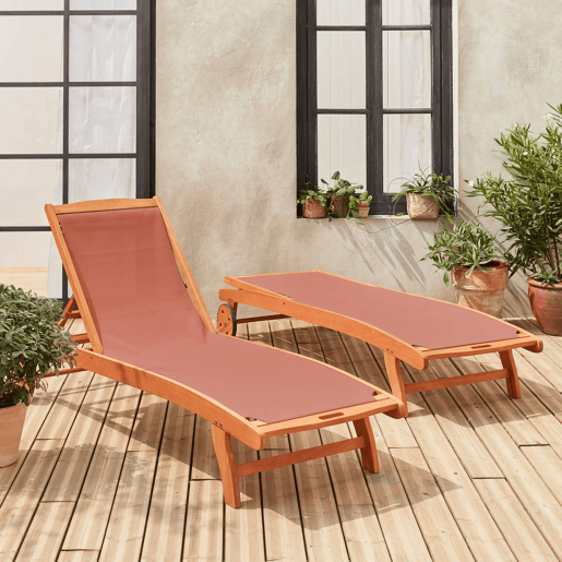 Espreguiçadeira de madeira multiposições com rodízios, set de 2, Marbella, Terra Cotta, 196x68x91 cm