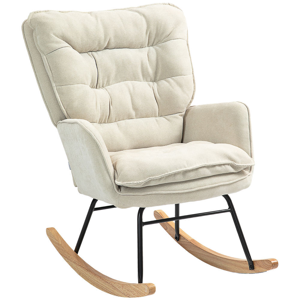 Homcom silla mecedora moderna, mecedora tapizada en chenilla, sillón de lactancia con respaldo ancho, acolchado grueso, patas de madera, reposabrazos, para dormitorio, salón, beige