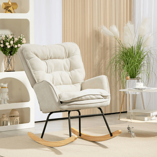 HOMCOM Poltrona Baloiço Estofada em Chenilla Cadeira Baloiço com Pés de Madeira de Faia e Apoio para os Braços para Lactância Carga 120 kg para Dormitório Sala de Estar 71x98,5x97 cm Bege