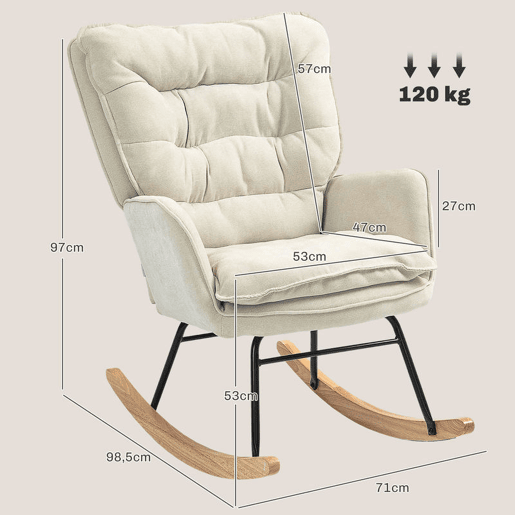 HOMCOM Poltrona Baloiço Estofada em Chenilla Cadeira Baloiço com Pés de Madeira de Faia e Apoio para os Braços para Lactância Carga 120 kg para Dormitório Sala de Estar 71x98,5x97 cm Bege