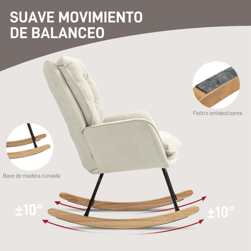 HOMCOM Poltrona Baloiço Estofada em Chenilla Cadeira Baloiço com Pés de Madeira de Faia e Apoio para os Braços para Lactância Carga 120 kg para Dormitório Sala de Estar 71x98,5x97 cm Bege