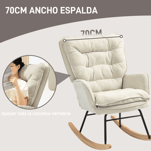HOMCOM Poltrona Baloiço Estofada em Chenilla Cadeira Baloiço com Pés de Madeira de Faia e Apoio para os Braços para Lactância Carga 120 kg para Dormitório Sala de Estar 71x98,5x97 cm Bege