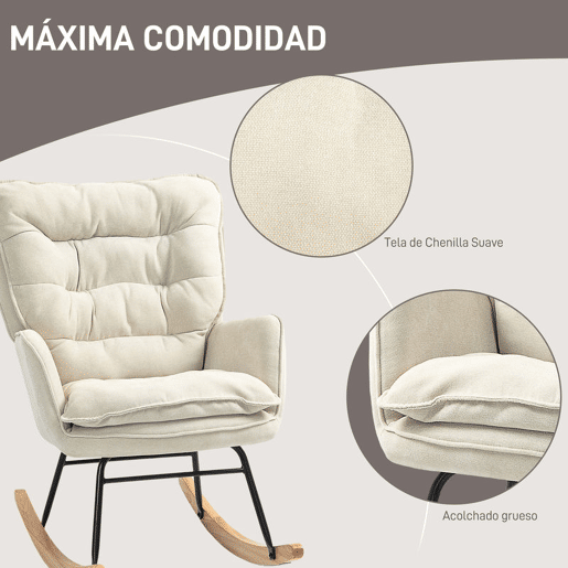 HOMCOM Poltrona Baloiço Estofada em Chenilla Cadeira Baloiço com Pés de Madeira de Faia e Apoio para os Braços para Lactância Carga 120 kg para Dormitório Sala de Estar 71x98,5x97 cm Bege