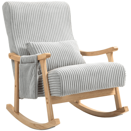 HOMCOM Cadeira de Baloiço, Cadeira de Baloiço em Veludo Cotelê com Almofada Lombar, Estrutura em Madeira, Assento Largo, Bolso Lateral, Estilo Moderno, Carga Máxima 120 kg, para Quarto e Sala, Cinzento