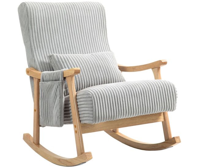 Homcom silla mecedora, mecedora de pana con cojín lumbar, patas y reposabrazos de madera, asiento ancho, bolsillo, estilo moderno, sillón de relax,