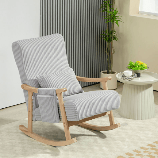 HOMCOM Cadeira de Baloiço, Cadeira de Baloiço em Veludo Cotelê com Almofada Lombar, Estrutura em Madeira, Assento Largo, Bolso Lateral, Estilo Moderno, Carga Máxima 120 kg, para Quarto e Sala, Cinzento