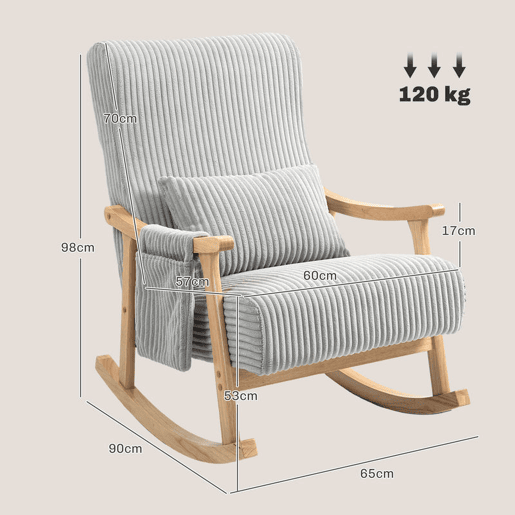 HOMCOM Cadeira de Baloiço, Cadeira de Baloiço em Veludo Cotelê com Almofada Lombar, Estrutura em Madeira, Assento Largo, Bolso Lateral, Estilo Moderno, Carga Máxima 120 kg, para Quarto e Sala, Cinzento