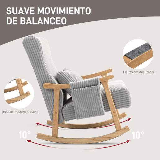 HOMCOM Cadeira de Baloiço, Cadeira de Baloiço em Veludo Cotelê com Almofada Lombar, Estrutura em Madeira, Assento Largo, Bolso Lateral, Estilo Moderno, Carga Máxima 120 kg, para Quarto e Sala, Cinzento
