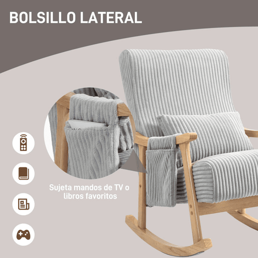 HOMCOM Cadeira de Baloiço, Cadeira de Baloiço em Veludo Cotelê com Almofada Lombar, Estrutura em Madeira, Assento Largo, Bolso Lateral, Estilo Moderno, Carga Máxima 120 kg, para Quarto e Sala, Cinzento