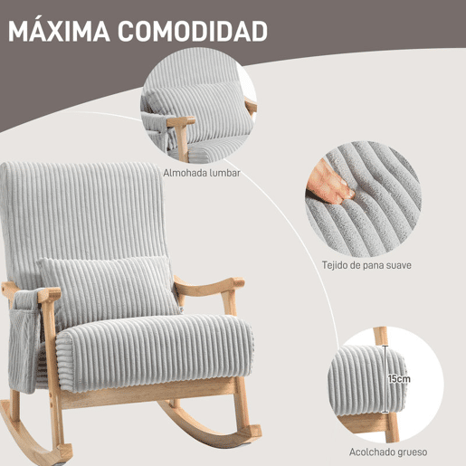 HOMCOM Cadeira de Baloiço, Cadeira de Baloiço em Veludo Cotelê com Almofada Lombar, Estrutura em Madeira, Assento Largo, Bolso Lateral, Estilo Moderno, Carga Máxima 120 kg, para Quarto e Sala, Cinzento