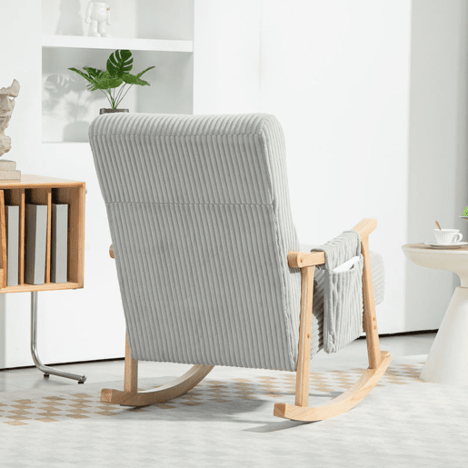 HOMCOM Cadeira de Baloiço, Cadeira de Baloiço em Veludo Cotelê com Almofada Lombar, Estrutura em Madeira, Assento Largo, Bolso Lateral, Estilo Moderno, Carga Máxima 120 kg, para Quarto e Sala, Cinzento