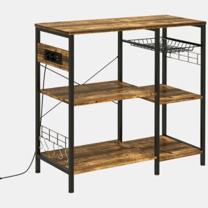 HOMCOM Estante de Cozinha Estilo Industrial Estante de Cozinha com Tomada Elétrica Prateleiras Ajustáveis Ganchos e Cesta Metálica 90x40x83 cm Marrom Rústico