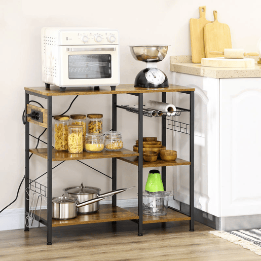HOMCOM Estante de Cozinha Estilo Industrial Estante de Cozinha com Tomada Elétrica Prateleiras Ajustáveis Ganchos e Cesta Metálica 90x40x83 cm Marrom Rústico