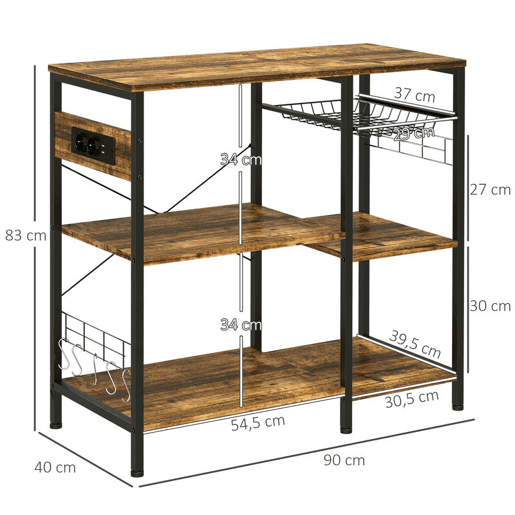 HOMCOM Estante de Cozinha Estilo Industrial Estante de Cozinha com Tomada Elétrica Prateleiras Ajustáveis Ganchos e Cesta Metálica 90x40x83 cm Marrom Rústico