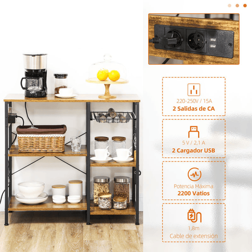 HOMCOM Estante de Cozinha Estilo Industrial Estante de Cozinha com Tomada Elétrica Prateleiras Ajustáveis Ganchos e Cesta Metálica 90x40x83 cm Marrom Rústico