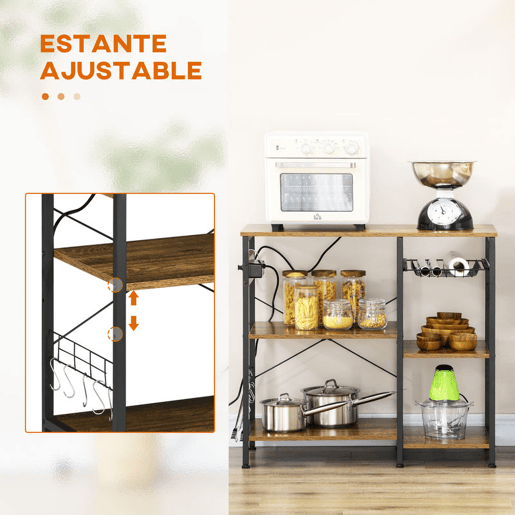 HOMCOM Estante de Cozinha Estilo Industrial Estante de Cozinha com Tomada Elétrica Prateleiras Ajustáveis Ganchos e Cesta Metálica 90x40x83 cm Marrom Rústico