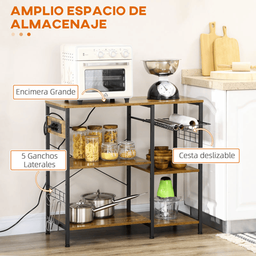 HOMCOM Estante de Cozinha Estilo Industrial Estante de Cozinha com Tomada Elétrica Prateleiras Ajustáveis Ganchos e Cesta Metálica 90x40x83 cm Marrom Rústico
