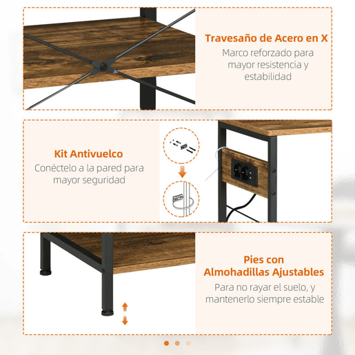 HOMCOM Estante de Cozinha Estilo Industrial Estante de Cozinha com Tomada Elétrica Prateleiras Ajustáveis Ganchos e Cesta Metálica 90x40x83 cm Marrom Rústico
