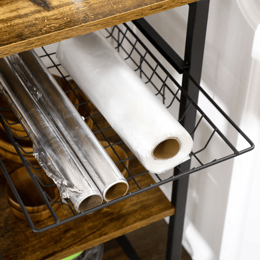 HOMCOM Estante de Cozinha Estilo Industrial Estante de Cozinha com Tomada Elétrica Prateleiras Ajustáveis Ganchos e Cesta Metálica 90x40x83 cm Marrom Rústico
