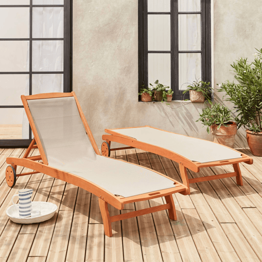 Espreguiçadeira de madeira multiposições com rodízios, set de 2, Marbella, Cinza Taupe, 196x68x91 cm