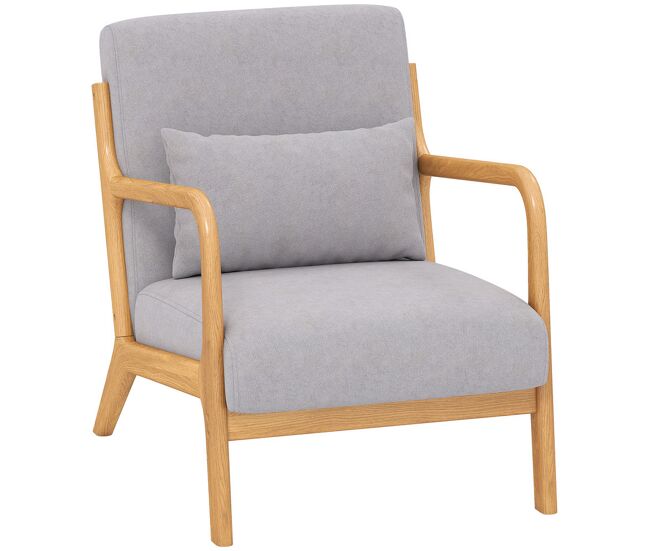 Homcom butaca de salón butaca nórdica sillón de salón con reposabrazos cojín y marco de madera de caucho para dormitorio carga 120 kg 61x78x76 cm gris