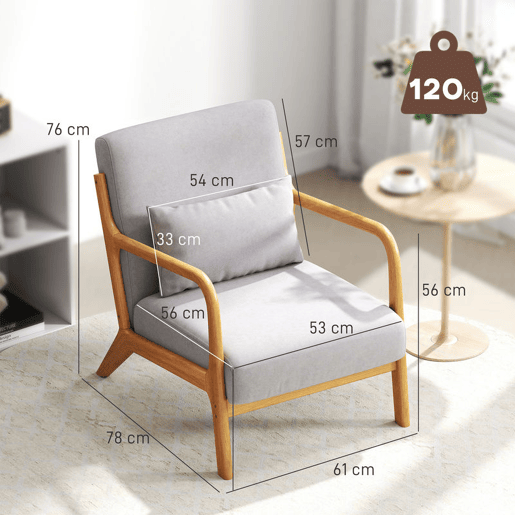 HOMCOM Poltrona Sala de Estar Nórdica Poltrona Individual Acolchoada com Apoio para os Braços e Estrutura de Madeira de Borracha para Dormitório Carga 120 kg 61x78x76 cm Cinza