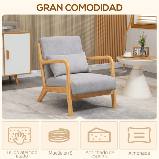 HOMCOM Poltrona Sala de Estar Nórdica Poltrona Individual Acolchoada com Apoio para os Braços e Estrutura de Madeira de Borracha para Dormitório Carga 120 kg 61x78x76 cm Cinza