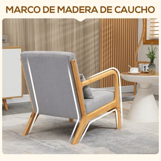 HOMCOM Poltrona Sala de Estar Nórdica Poltrona Individual Acolchoada com Apoio para os Braços e Estrutura de Madeira de Borracha para Dormitório Carga 120 kg 61x78x76 cm Cinza