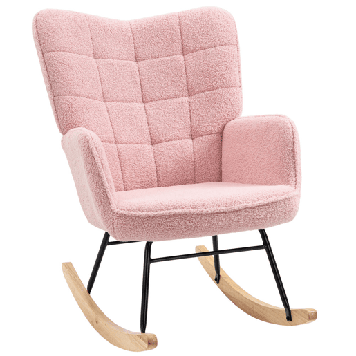 HOMCOM Poltrona Baloiço em Borrego Poltrona de Sala de Estar Oscilação de 40° com Pés de Madeira de Faia e Estrutura de Aço para Dormitório Carga Máxima 120 kg 71x98x101 cm Rosa