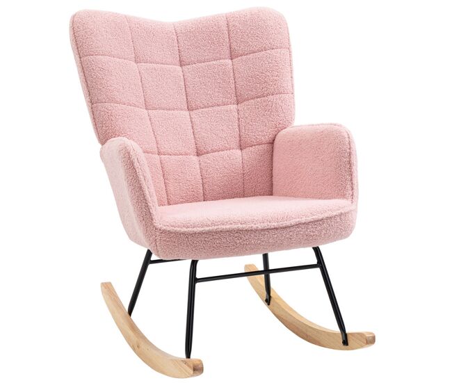 Homcom silla mecedora, mecedora de borreguito con respaldo alto, patas de madera de haya, reposabrazos, estilo moderno, sillón de lactancia, carga 120 kg, para dormitorio, salón, rosa