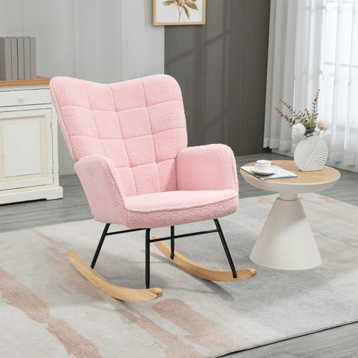 HOMCOM Poltrona Baloiço em Borrego Poltrona de Sala de Estar Oscilação de 40° com Pés de Madeira de Faia e Estrutura de Aço para Dormitório Carga Máxima 120 kg 71x98x101 cm Rosa