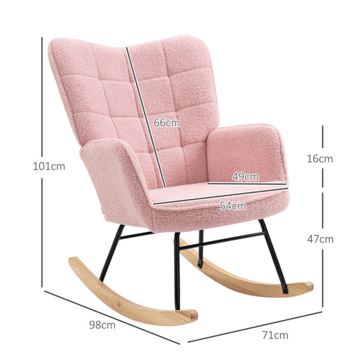 HOMCOM Poltrona Baloiço em Borrego Poltrona de Sala de Estar Oscilação de 40° com Pés de Madeira de Faia e Estrutura de Aço para Dormitório Carga Máxima 120 kg 71x98x101 cm Rosa