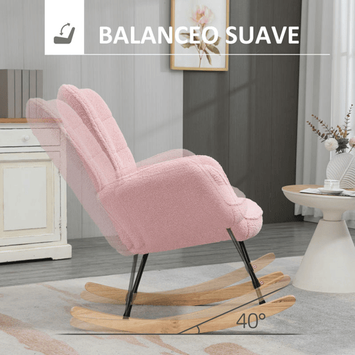 HOMCOM Poltrona Baloiço em Borrego Poltrona de Sala de Estar Oscilação de 40° com Pés de Madeira de Faia e Estrutura de Aço para Dormitório Carga Máxima 120 kg 71x98x101 cm Rosa