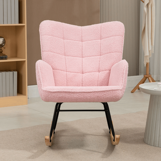 HOMCOM Poltrona Baloiço em Borrego Poltrona de Sala de Estar Oscilação de 40° com Pés de Madeira de Faia e Estrutura de Aço para Dormitório Carga Máxima 120 kg 71x98x101 cm Rosa