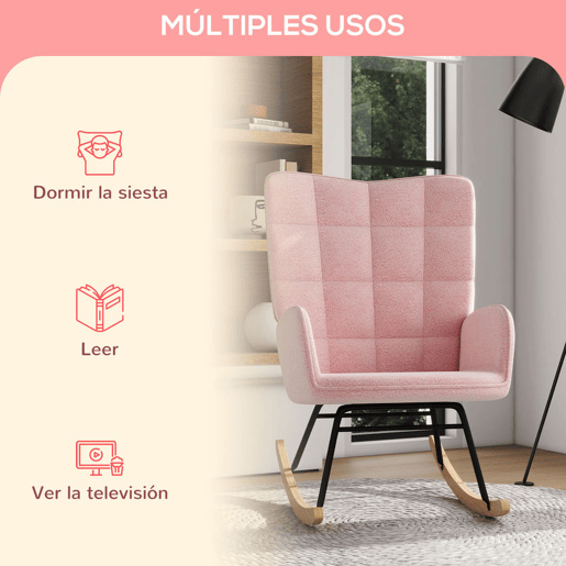 HOMCOM Poltrona Baloiço em Borrego Poltrona de Sala de Estar Oscilação de 40° com Pés de Madeira de Faia e Estrutura de Aço para Dormitório Carga Máxima 120 kg 71x98x101 cm Rosa