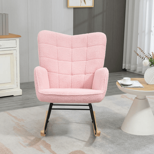HOMCOM Poltrona Baloiço em Borrego Poltrona de Sala de Estar Oscilação de 40° com Pés de Madeira de Faia e Estrutura de Aço para Dormitório Carga Máxima 120 kg 71x98x101 cm Rosa