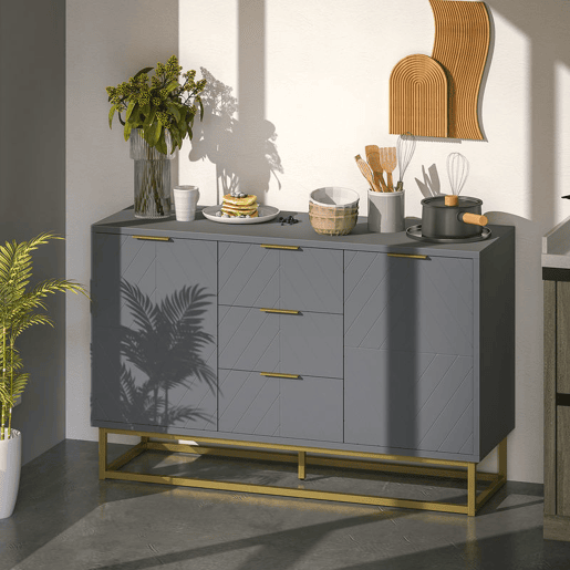 HOMCOM Aparador Auxiliar Armário de Armazenamento com 3 Gavetas e 2 Armários com Porta Prateleira Ajustável para Sala de Estar Cozinha 120x40x76 cm Cinza