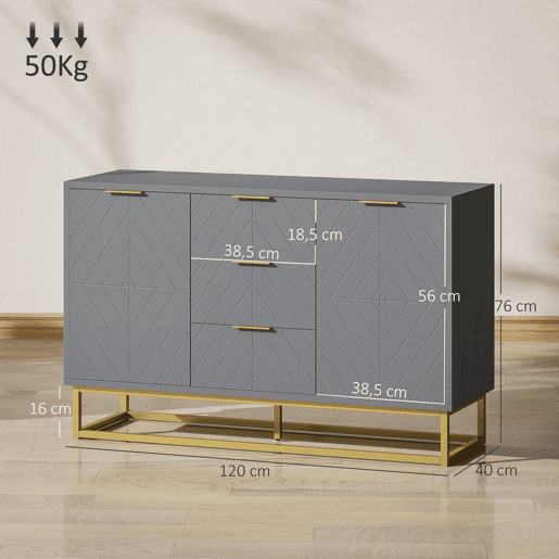 HOMCOM Aparador Auxiliar Armário de Armazenamento com 3 Gavetas e 2 Armários com Porta Prateleira Ajustável para Sala de Estar Cozinha 120x40x76 cm Cinza