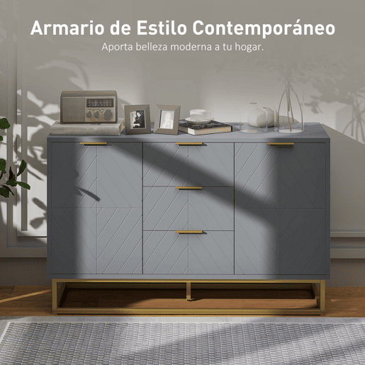 HOMCOM Aparador Auxiliar Armário de Armazenamento com 3 Gavetas e 2 Armários com Porta Prateleira Ajustável para Sala de Estar Cozinha 120x40x76 cm Cinza